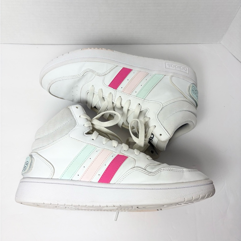 adidas White High-Top Sneakers with Pink, Mint & Light Pink Stripes